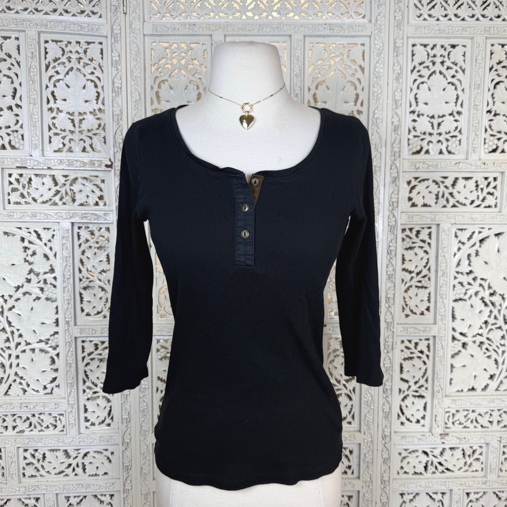 Vtg Lauren Ralph Lauren Black Ribbed Henley‎ Shirt Quarter Sleeves Y2K Sz Medium